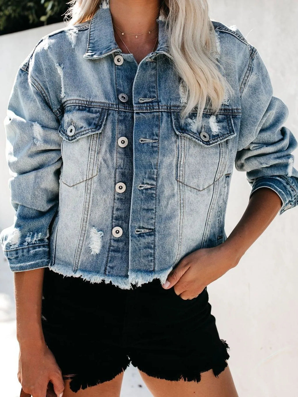 Distressed Raw Hem Denim Jacket | Coats & Jackets Denim Jacket from PHUNKYN