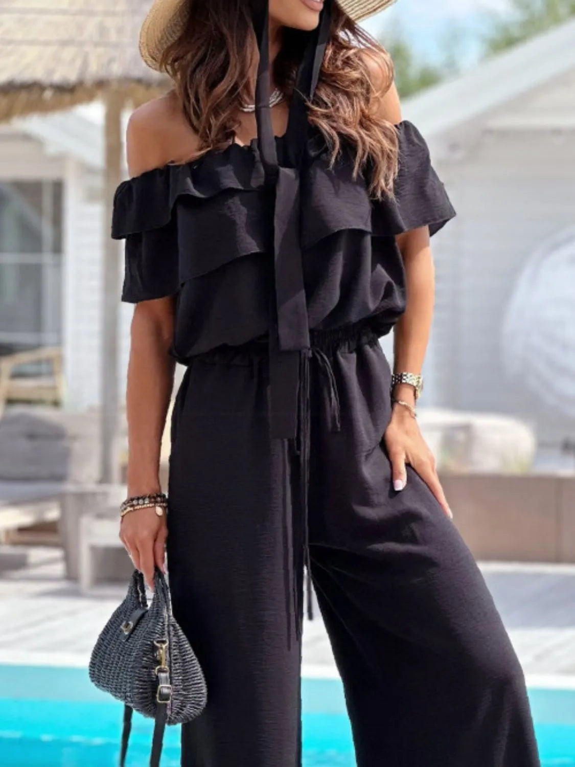 Off-Shoulder Ruffled Wide Leg Jumpsuit One-Pieces Jumpsuit PHUNKYN