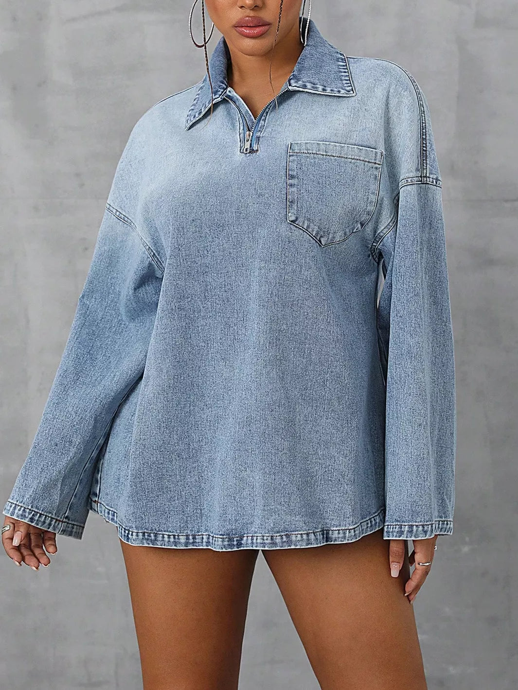 Collared Neck Drop Shoulder Denim Top | Overshirts Denim Top from PHUNKYN