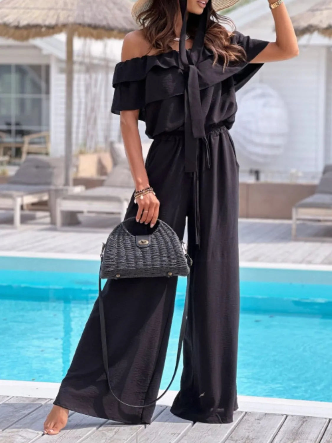 Off-Shoulder Ruffled Wide Leg Jumpsuit One-Pieces Jumpsuit PHUNKYN