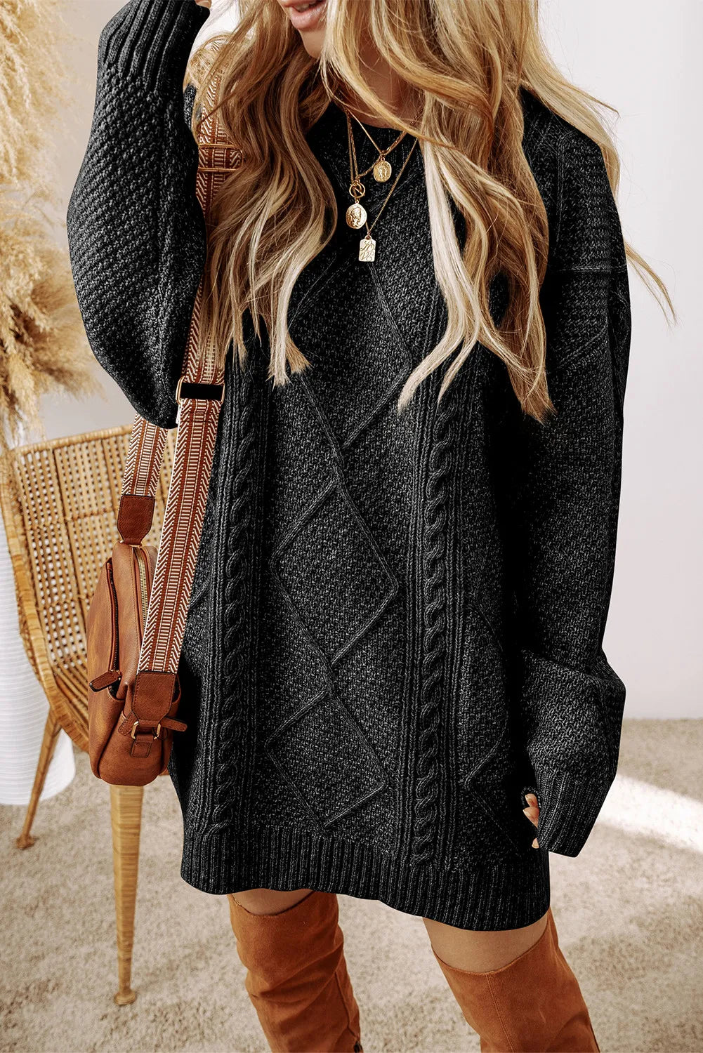Cable-Knit Round Neck Sweater Dress | Dresses Sweater Dress from PHUNKYN
