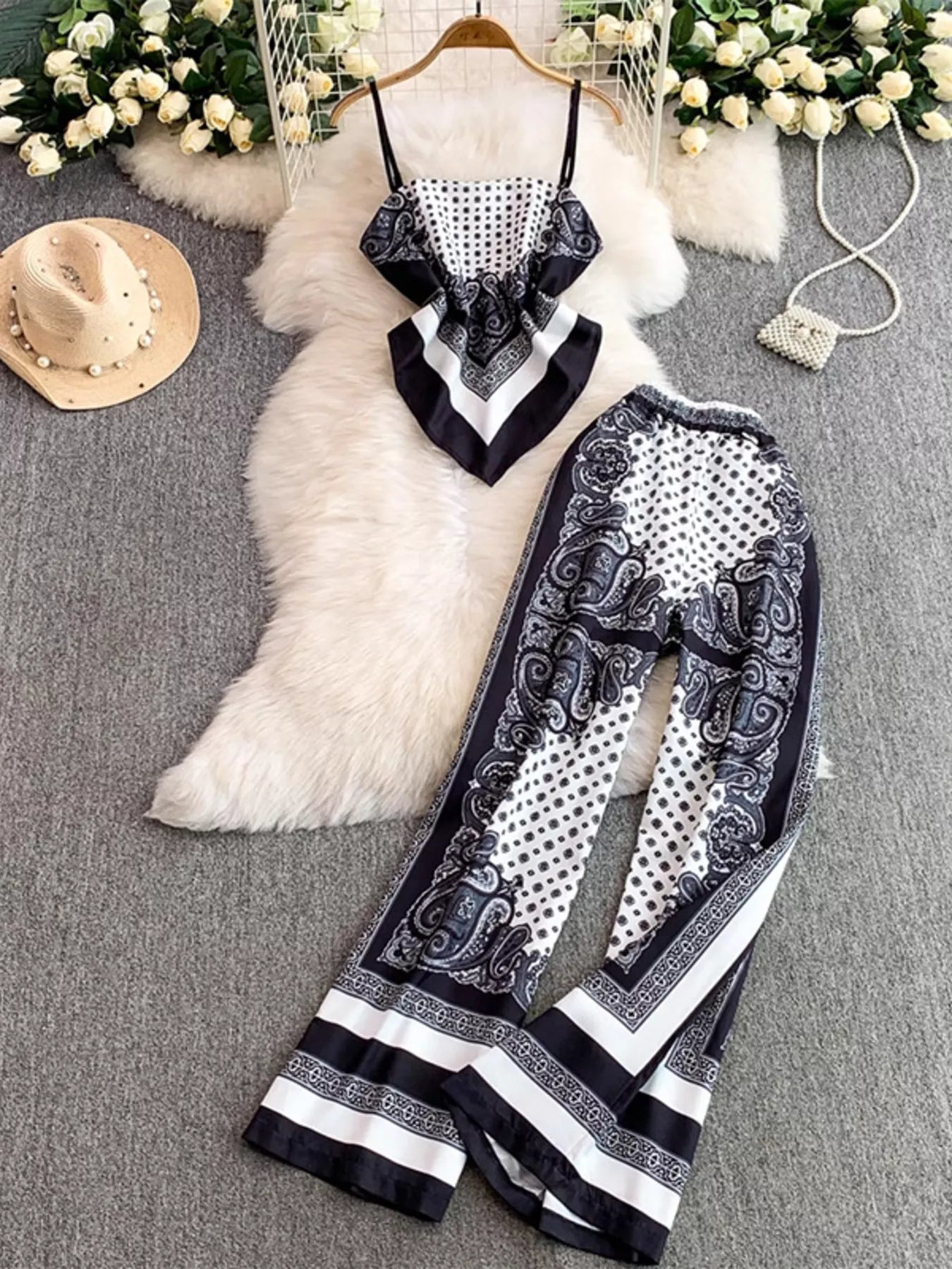 Tie Back Printed Cami and Pants Set | Outfit Sets Top and Pants Set from PHUNKYN