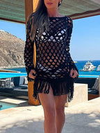 Fringe Cutout Long Sleeve Cover Up | Cover Ups Cover up from PHUNKYN