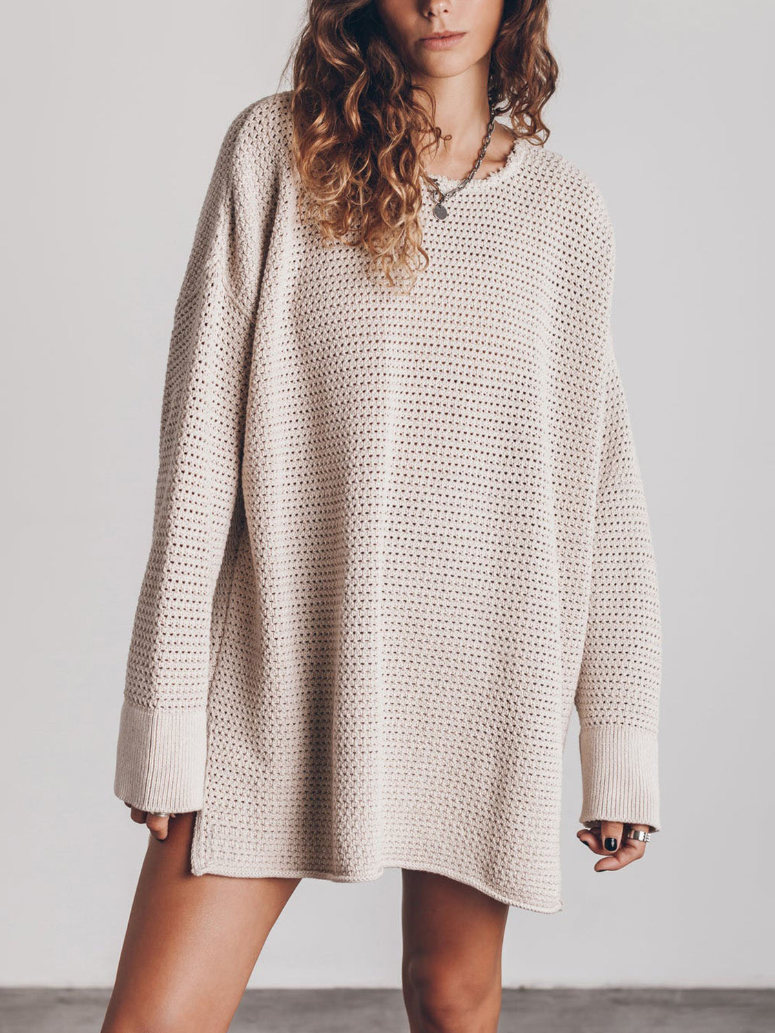 Openwork Round Neck Long Sleeve Slit Sweater | Sweaters Sweater from PHUNKYN