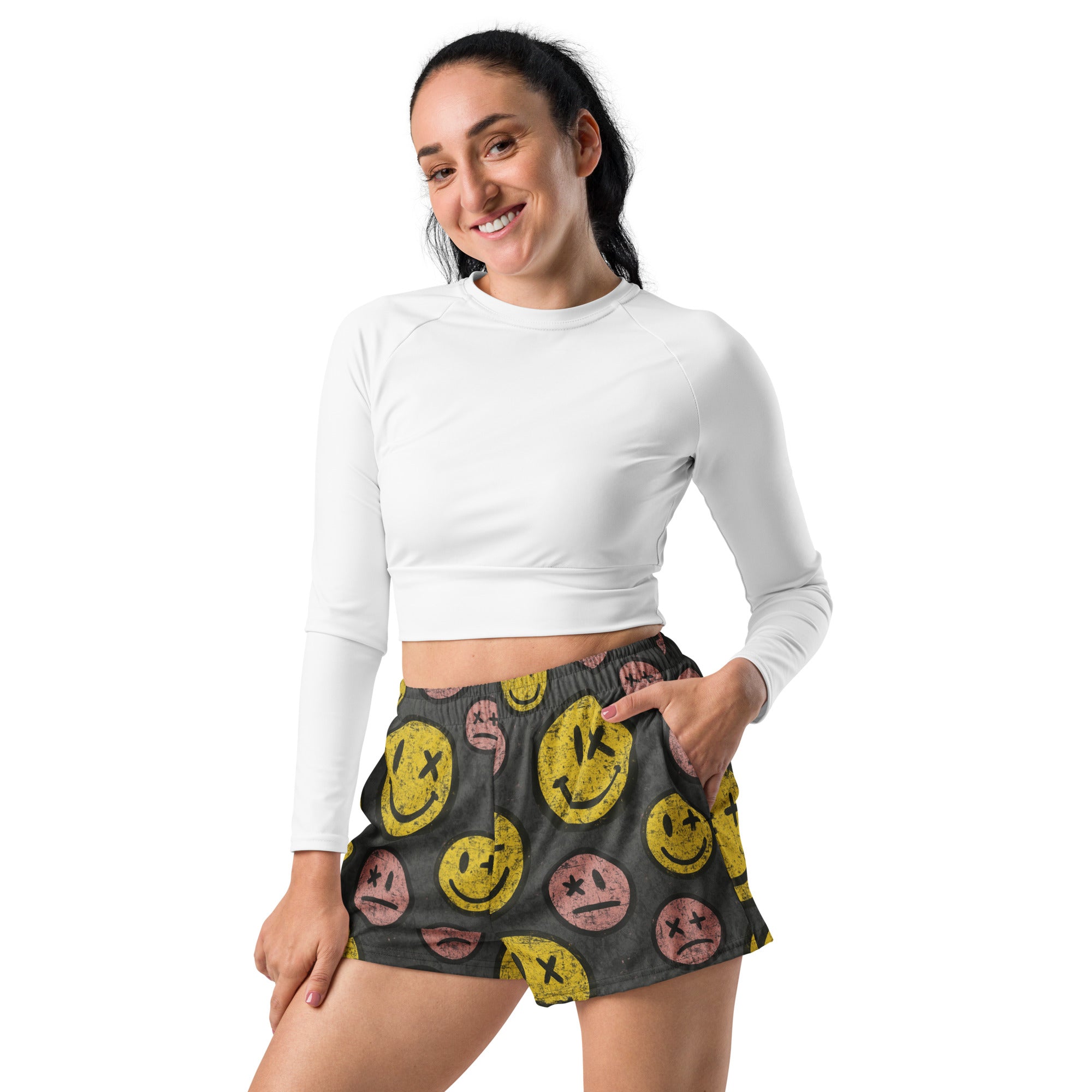 PHUNKYN Distressed Smiley Athletic Shorts | Shorts Shorts from PHUNKYN