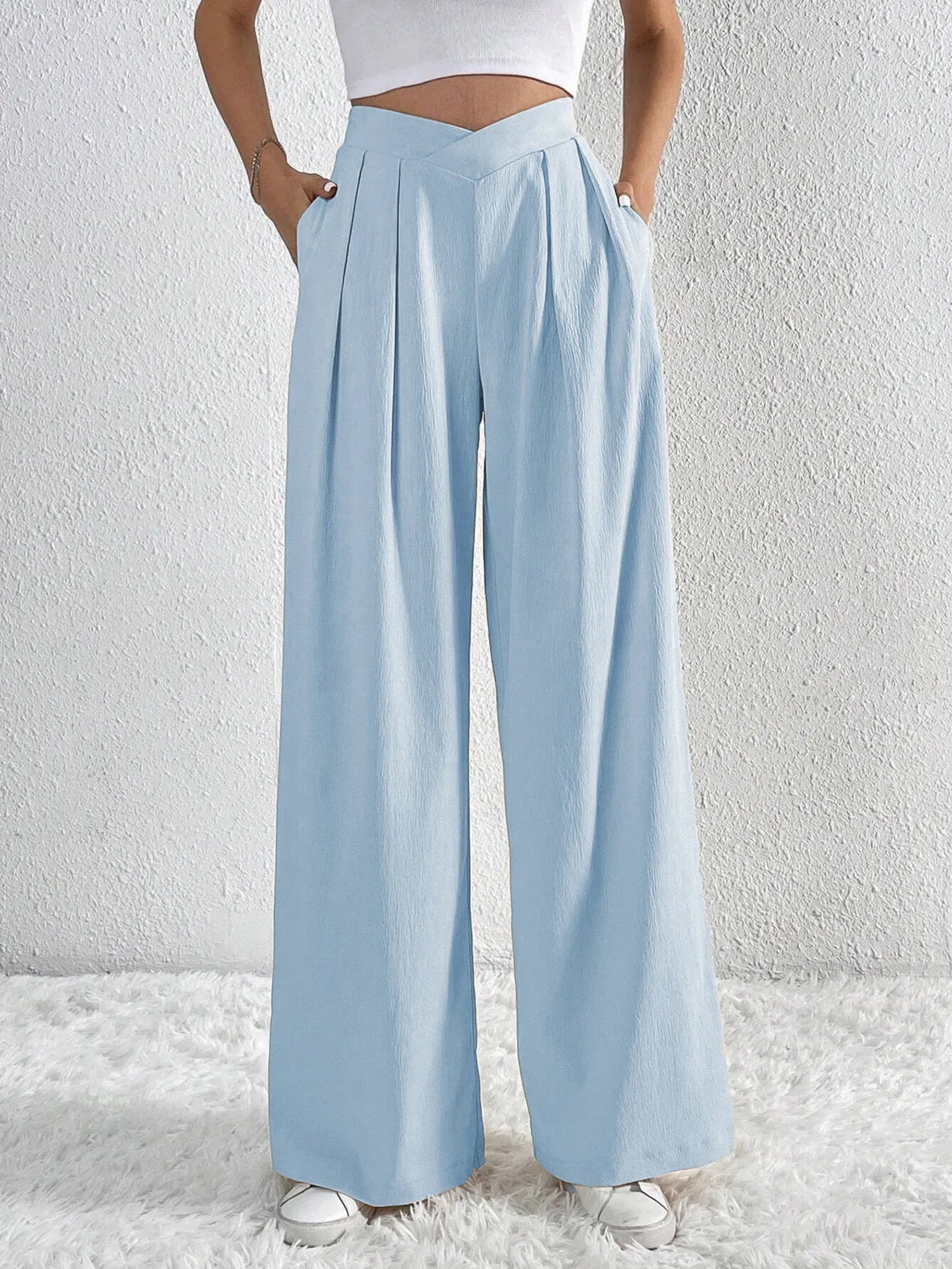 V-Waisted Ruched Front Wide Leg Pants | Trousers Wide Leg Pants from PHUNKYN