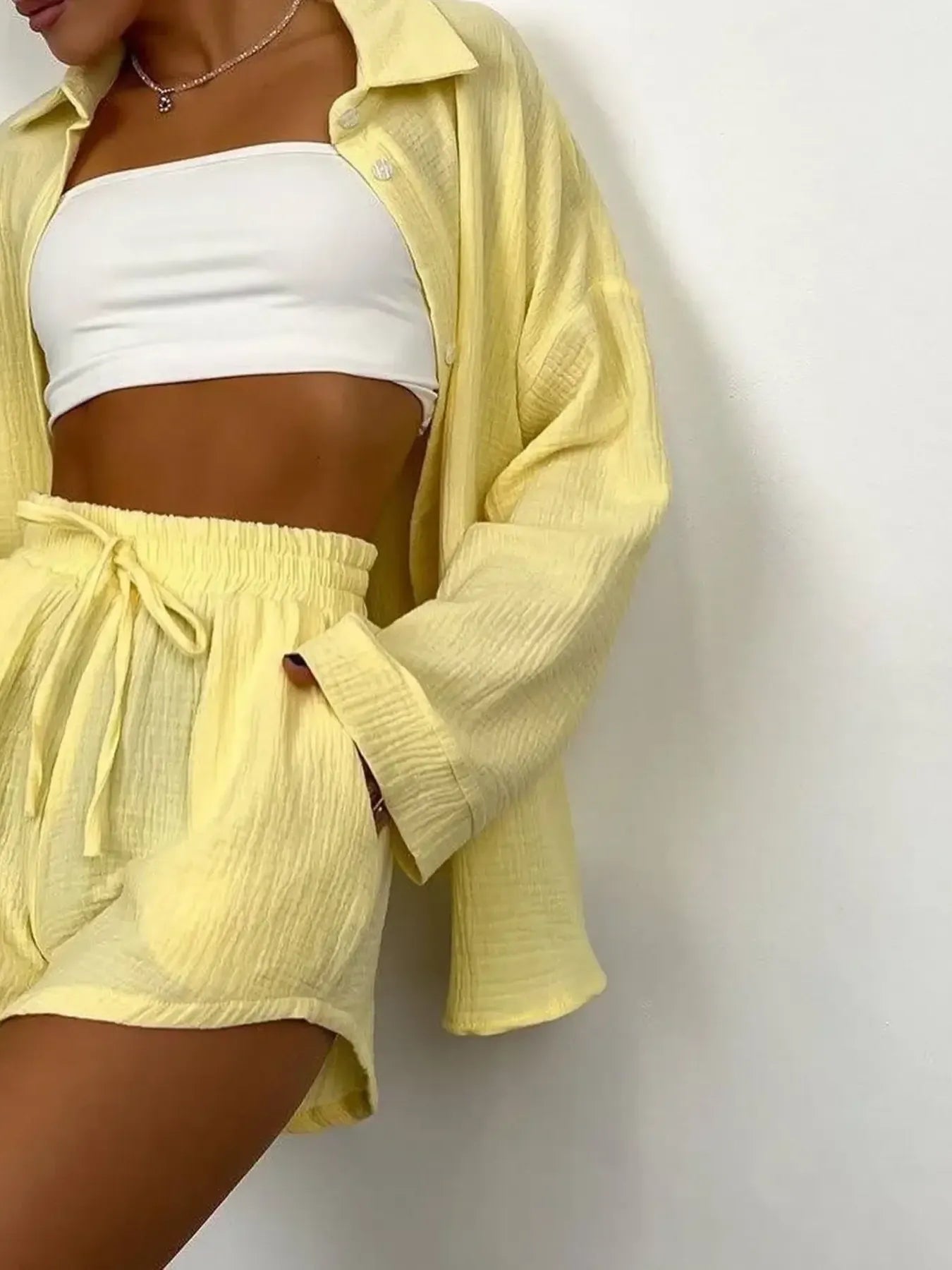 Texture Button Up Shirt and Shorts Set | Outfit Sets Top and Shorts Set from PHUNKYN