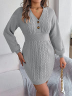 Buttoned Cable-Knit V-Neck Sweater Dress | Dresses Sweater Dress from PHUNKYN
