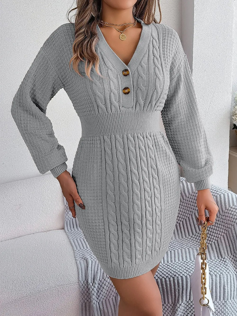 Buttoned Cable-Knit V-Neck Sweater Dress | Dresses Sweater Dress from PHUNKYN