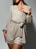 Full Size Sequin Surplice Tie Waist Long Sleeve Romper | Dresses Romper from PHUNKYN