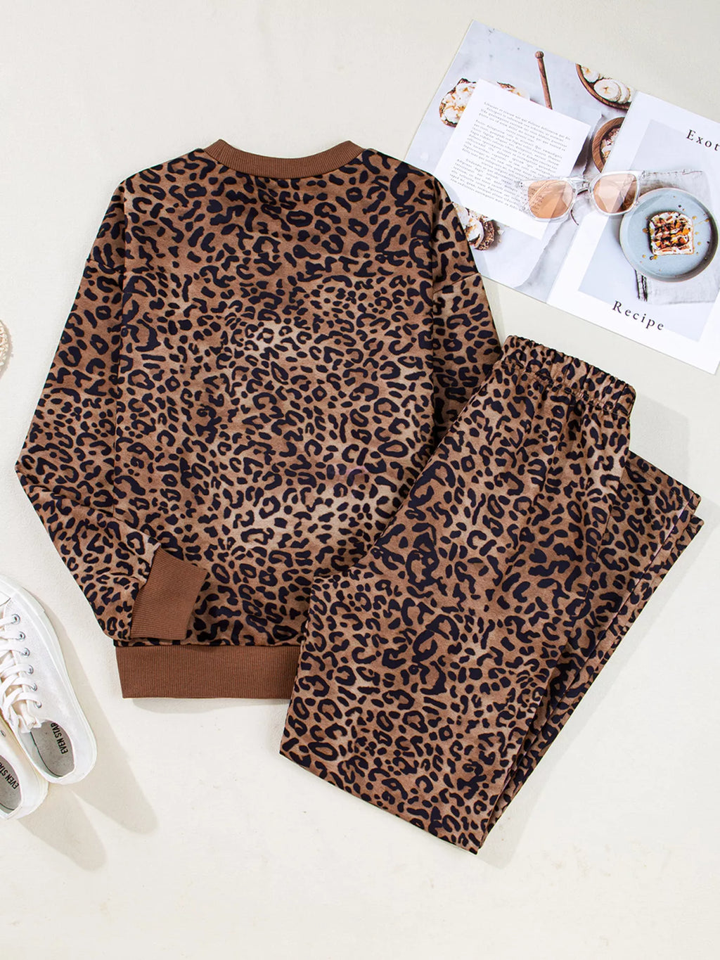 Leopard Print Contrast Trim Long Sleeve Top and Pants Set | Outfit Sets Top and Pants Set from PHUNKYN