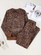 Leopard Print Contrast Trim Long Sleeve Top and Pants Set | Outfit Sets Top and Pants Set from PHUNKYN