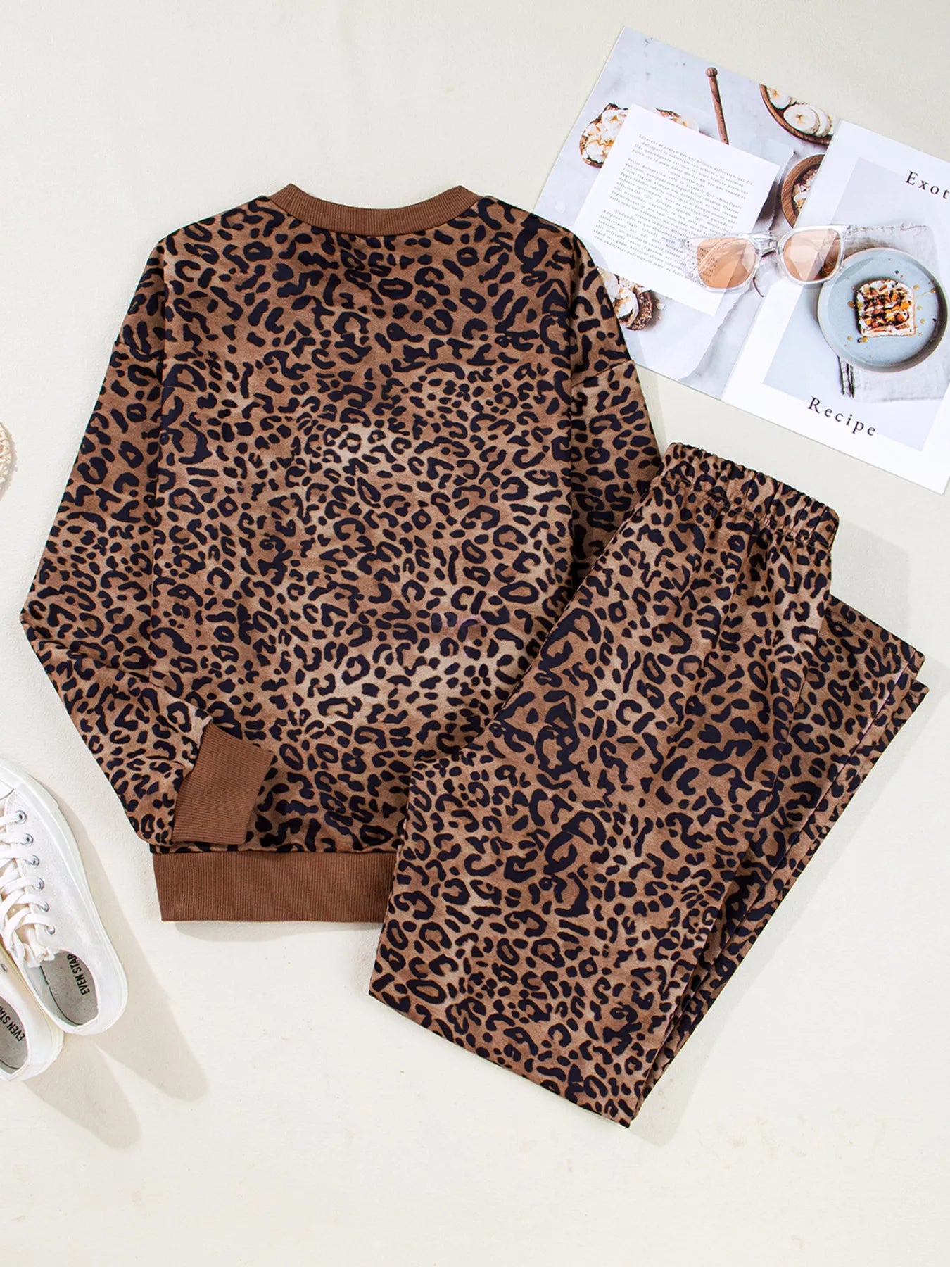Leopard Print Contrast Trim Long Sleeve Top and Pants Set | Outfit Sets Top and Pants Set from PHUNKYN