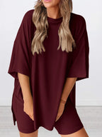Oversized Slit Round Neck Top and Shorts Lounge Set | Outfit Sets Top and Shorts from PHUNKYN