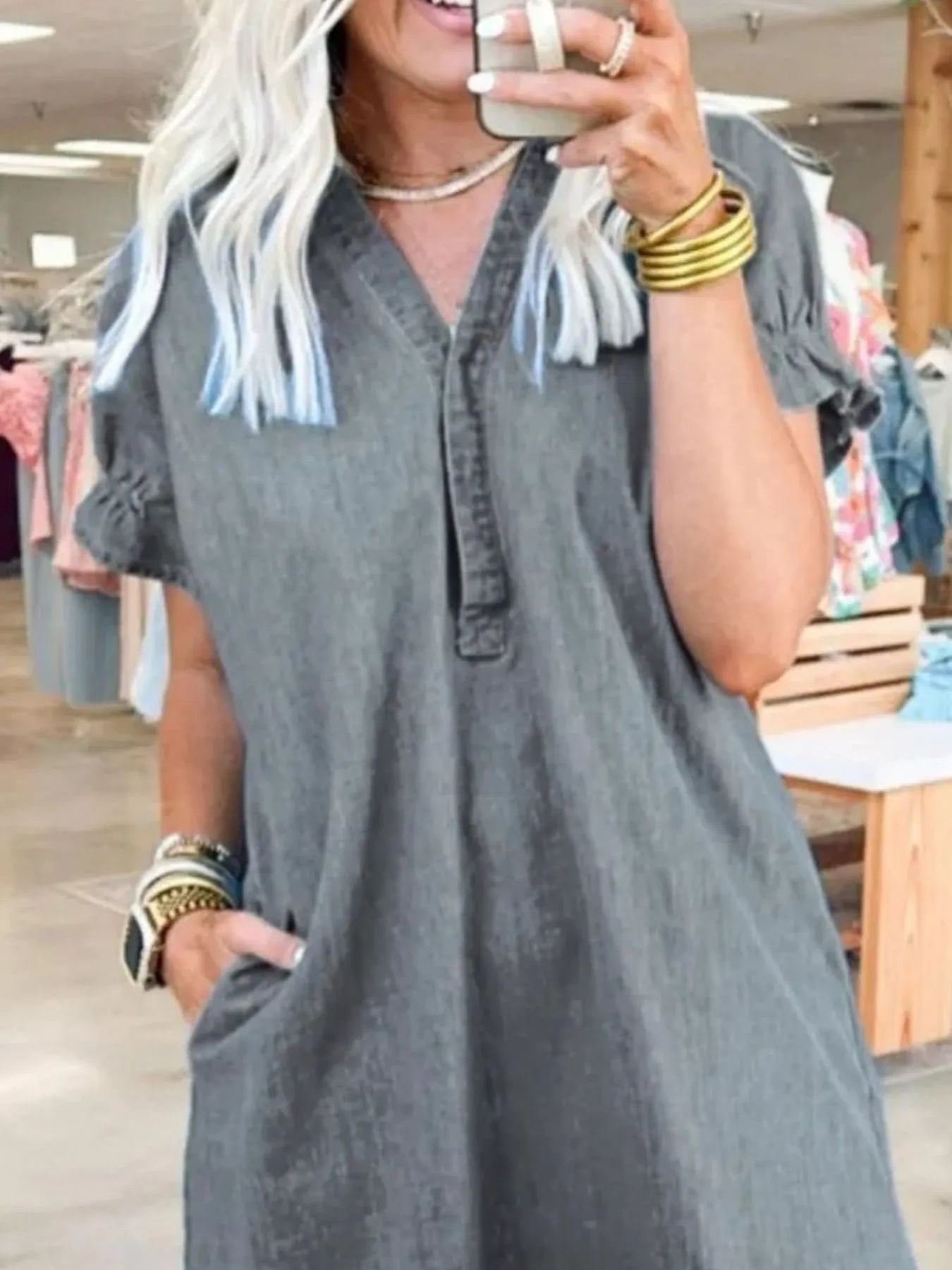 V-Neck Short Sleeve Denim Dress | Dresses Denim Dress from PHUNKYN