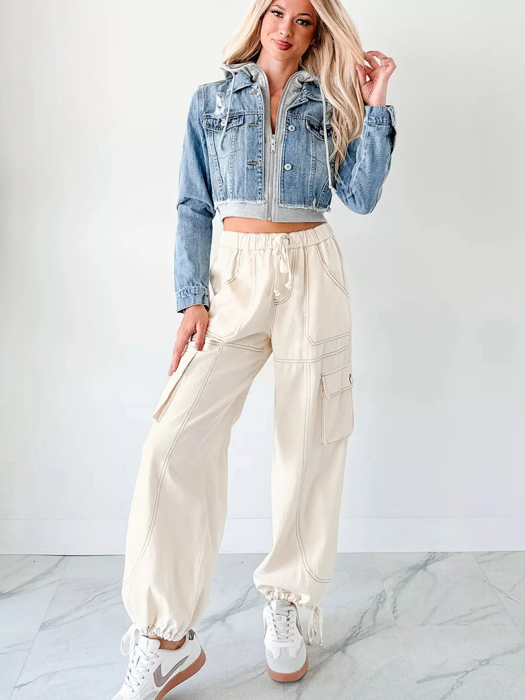 Distressed Zip Up Cropped Hooded Denim Jacket | Jacket from PHUNKYN