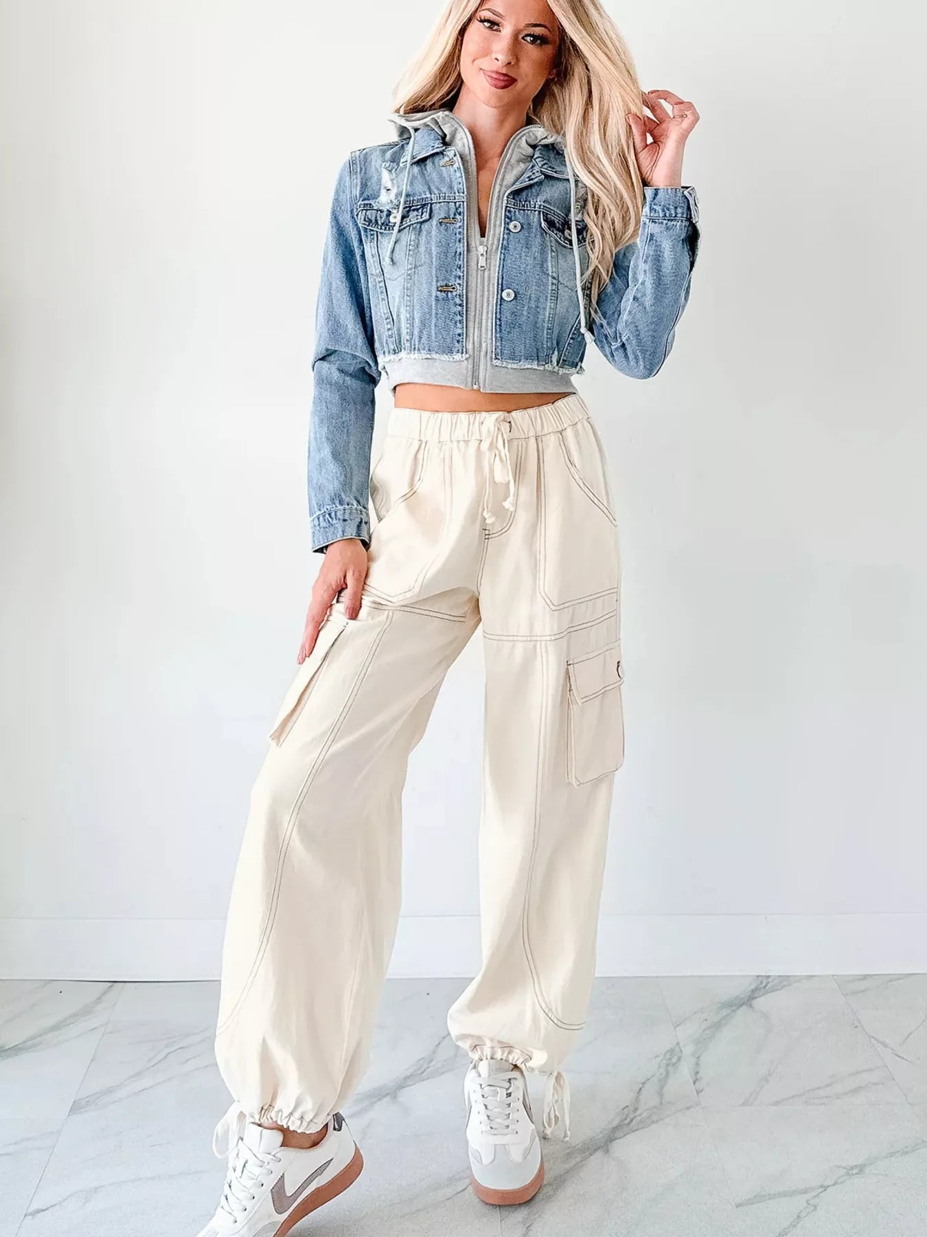 Distressed Zip Up Cropped Hooded Denim Jacket | Jacket from PHUNKYN