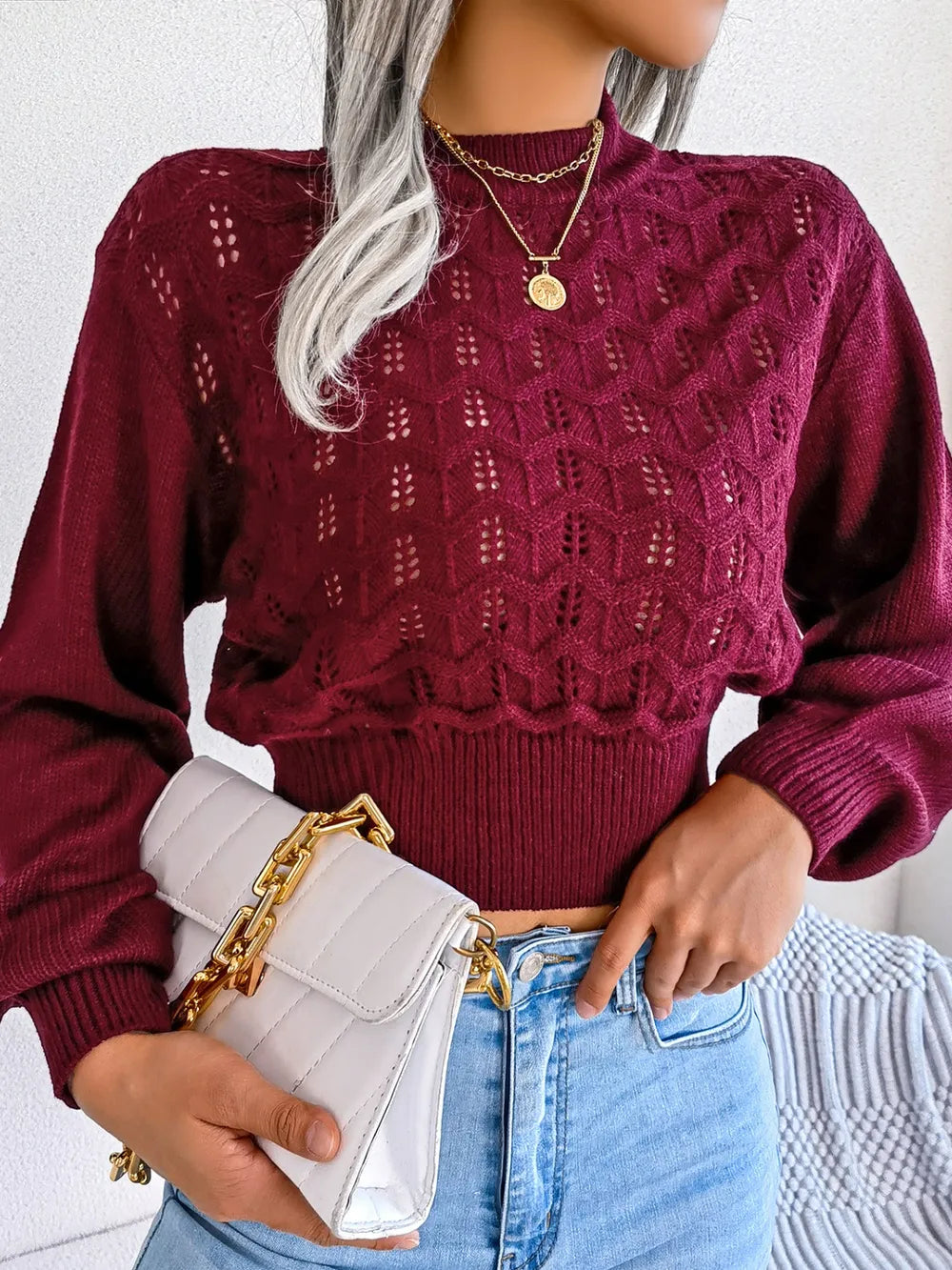 Openwork Mock Neck Long Sleeve Cropped Sweater | Sweaters Sweater from PHUNKYN