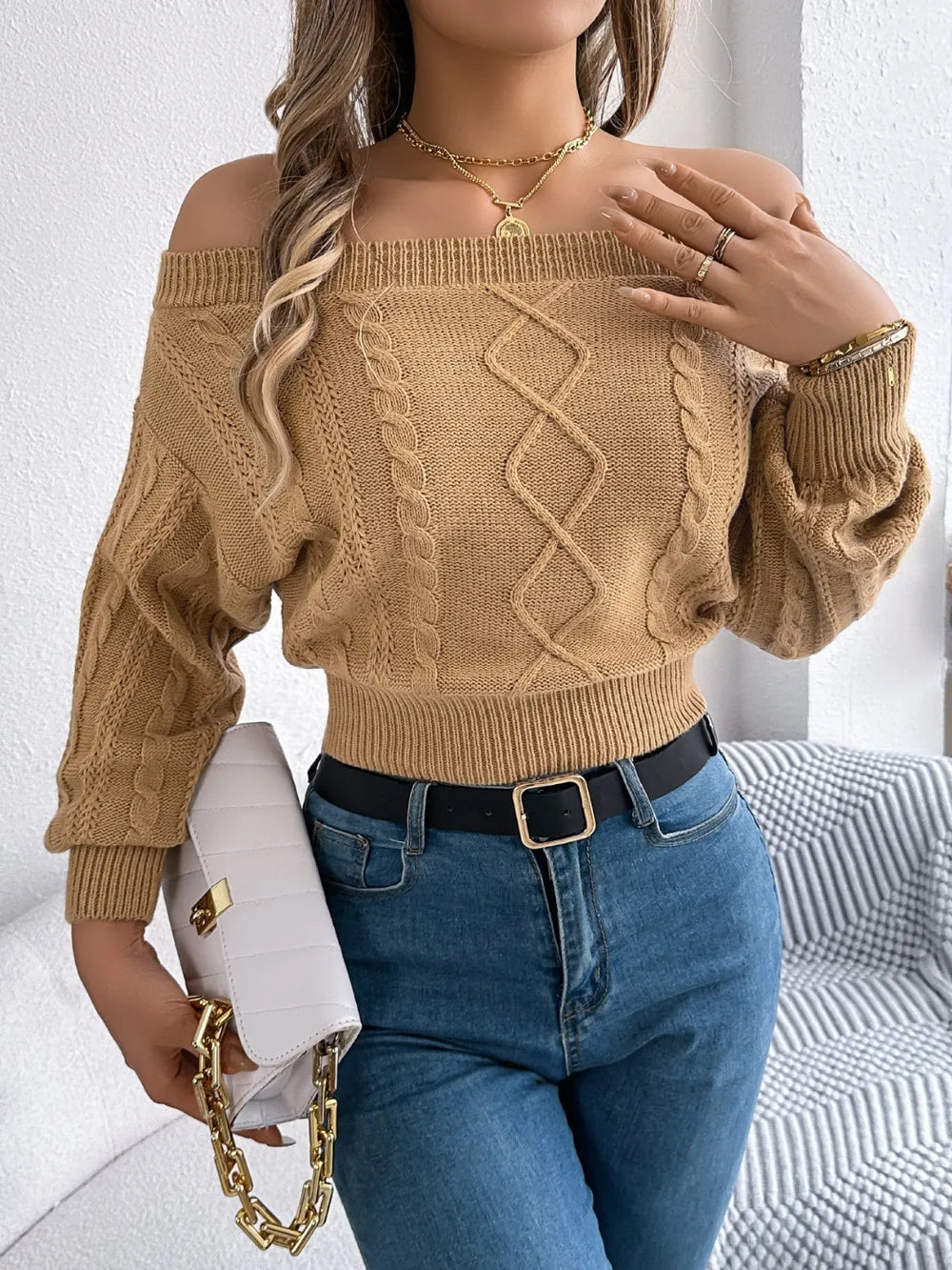 Cable Knit Off-Shoulder Long Sleeve Sweater | Sweaters Sweater from PHUNKYN