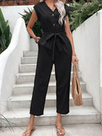 Button-Front Tie Waist Jumpsuit One-Pieces Jumpsuit PHUNKYN