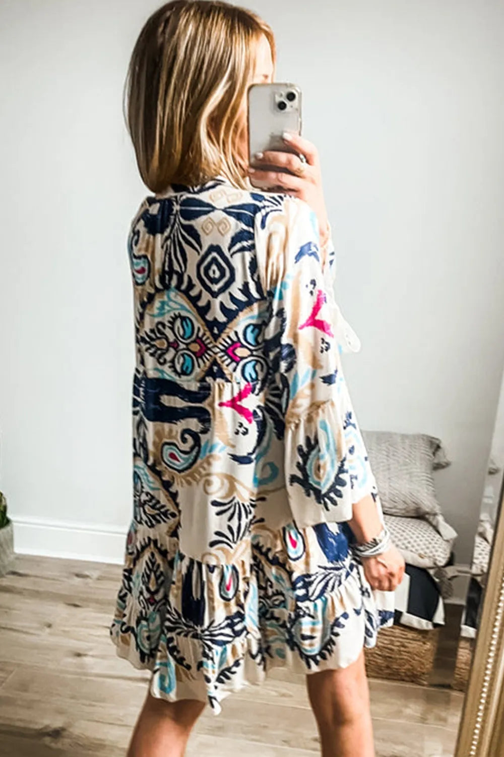 Printed Notched Three-Quarter Sleeve Mini Dress | Dresses Mini Dress from PHUNKYN
