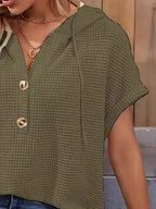 Drawstring Waffle Knit Short Sleeve Hoodie | Hoodies Hoodie from PHUNKYN