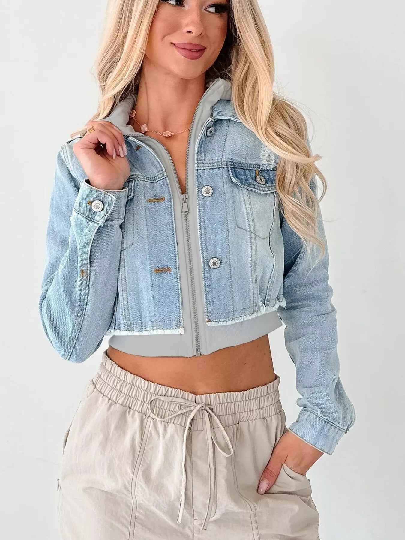 Distressed Zip Up Cropped Hooded Denim Jacket | Jacket from PHUNKYN