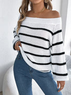 Striped Off-Shoulder Long Sleeve Sweater | Sweaters Sweater from PHUNKYN