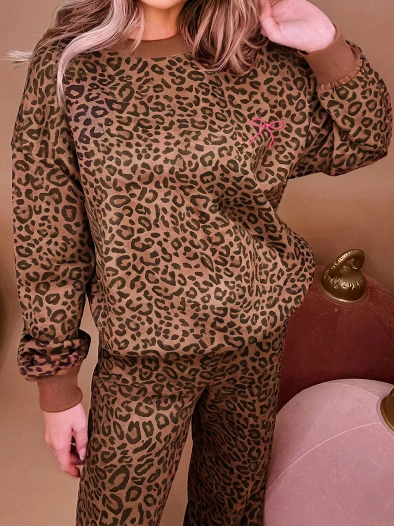 Leopard Print Contrast Trim Long Sleeve Top and Pants Set | Outfit Sets Top and Pants Set from PHUNKYN