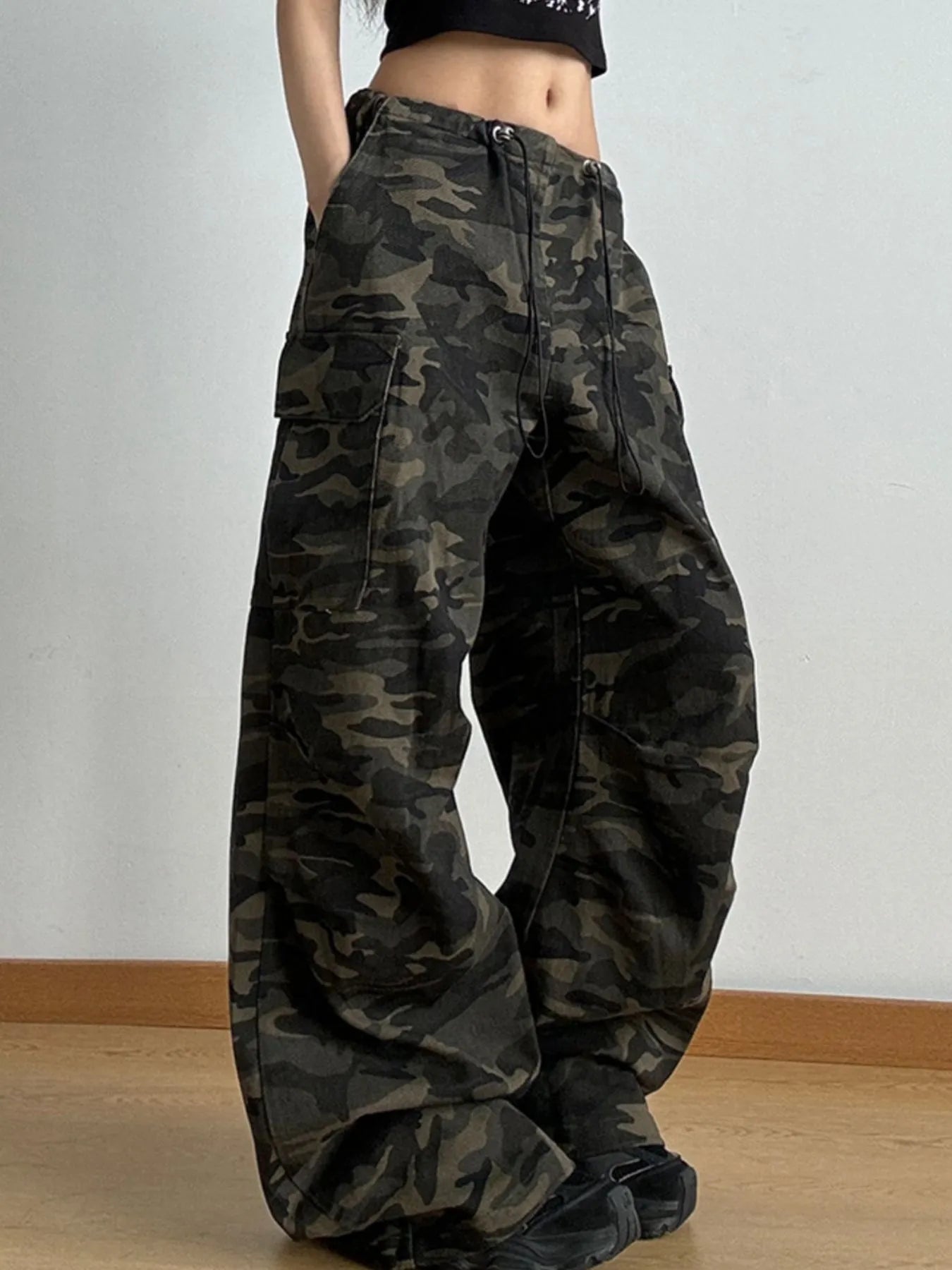 Drawstring Camouflage Cargo Wide Leg Jeans | Cargo Pants Cargo Jeans from PHUNKYN