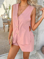 Devine Button Down V-Neck Tank and Shorts Set | Outfit Sets Top and Pants Set from PHUNKYN