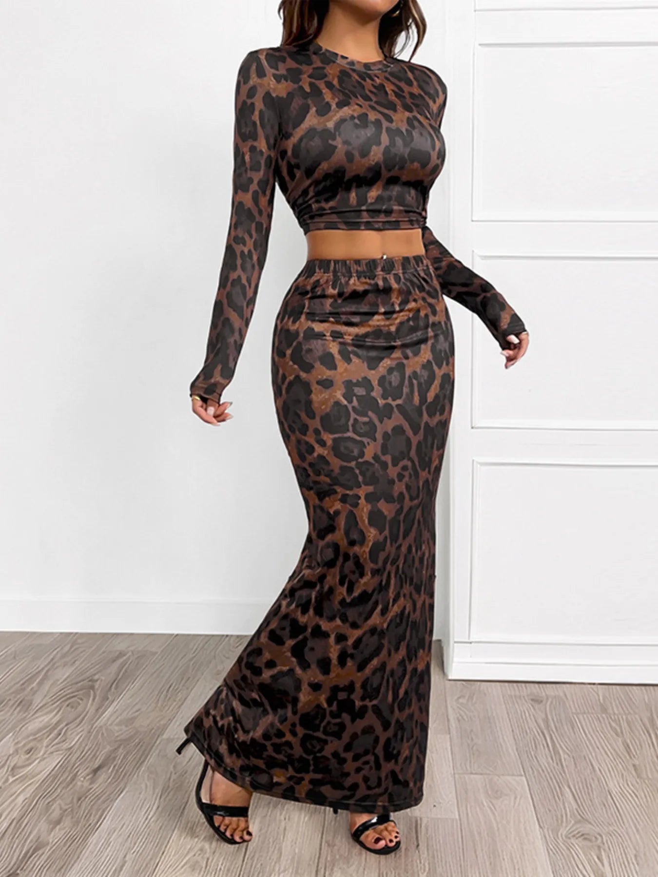 Leopard Round Neck Top and Skirt Set | Outfit Sets Top and Skirt Set from PHUNKYN
