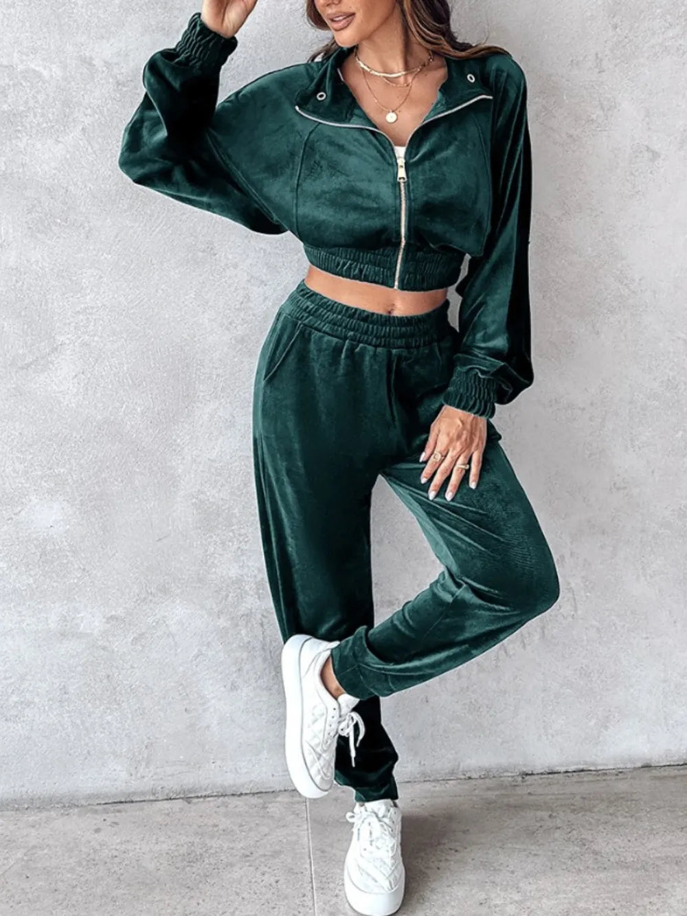 Zip Up Long Sleeve Cropped Top and Joggers Set | Outfit Sets Top and Pants Set from PHUNKYN