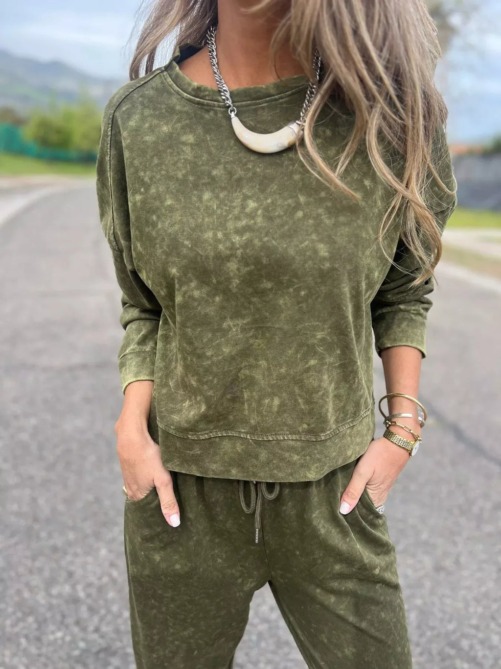 Washed Round Neck Top and Drawstring Pants Set | Top and Pants Set from PHUNKYN