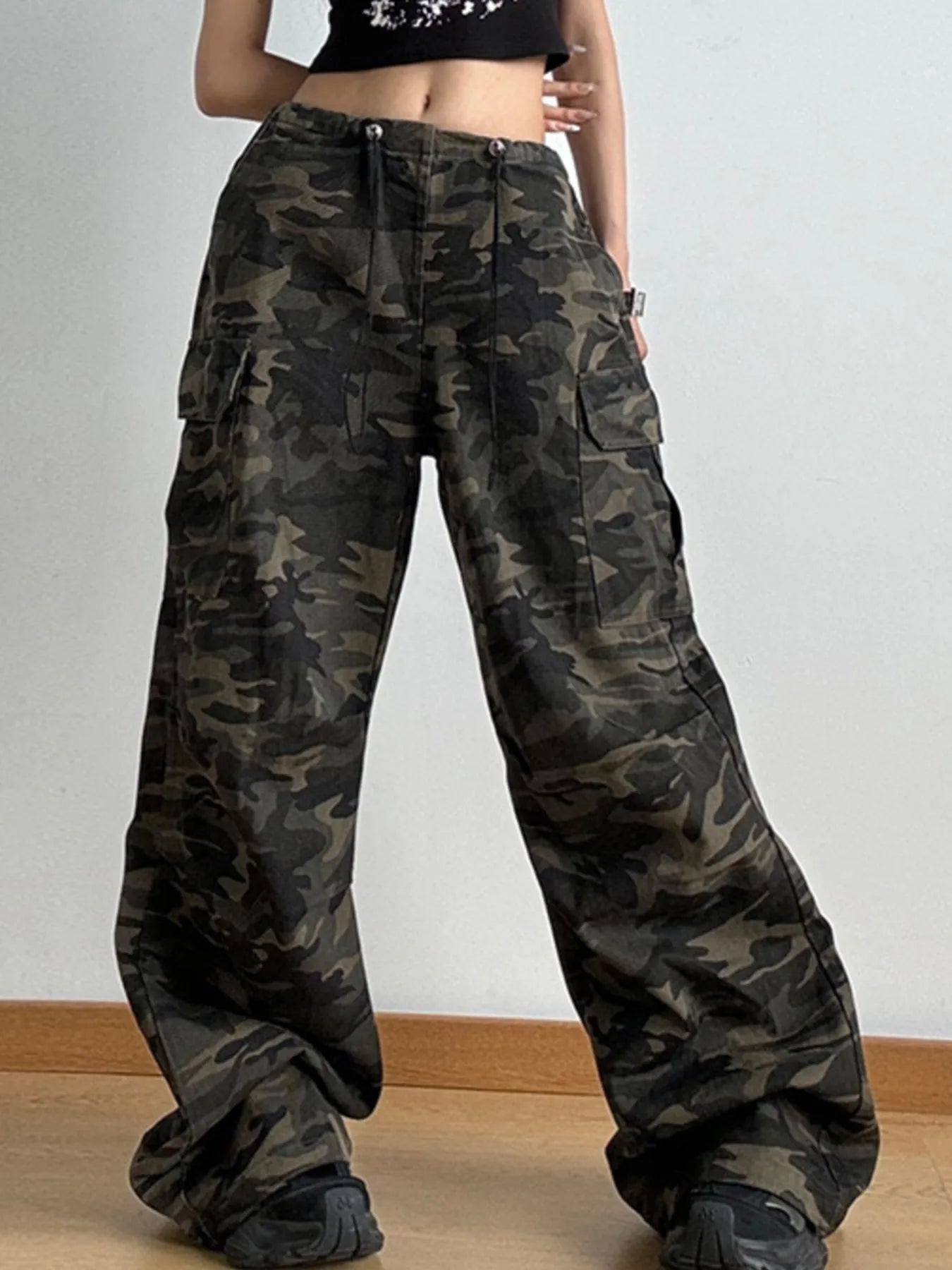 Drawstring Camouflage Cargo Wide Leg Jeans | Cargo Pants Cargo Jeans from PHUNKYN