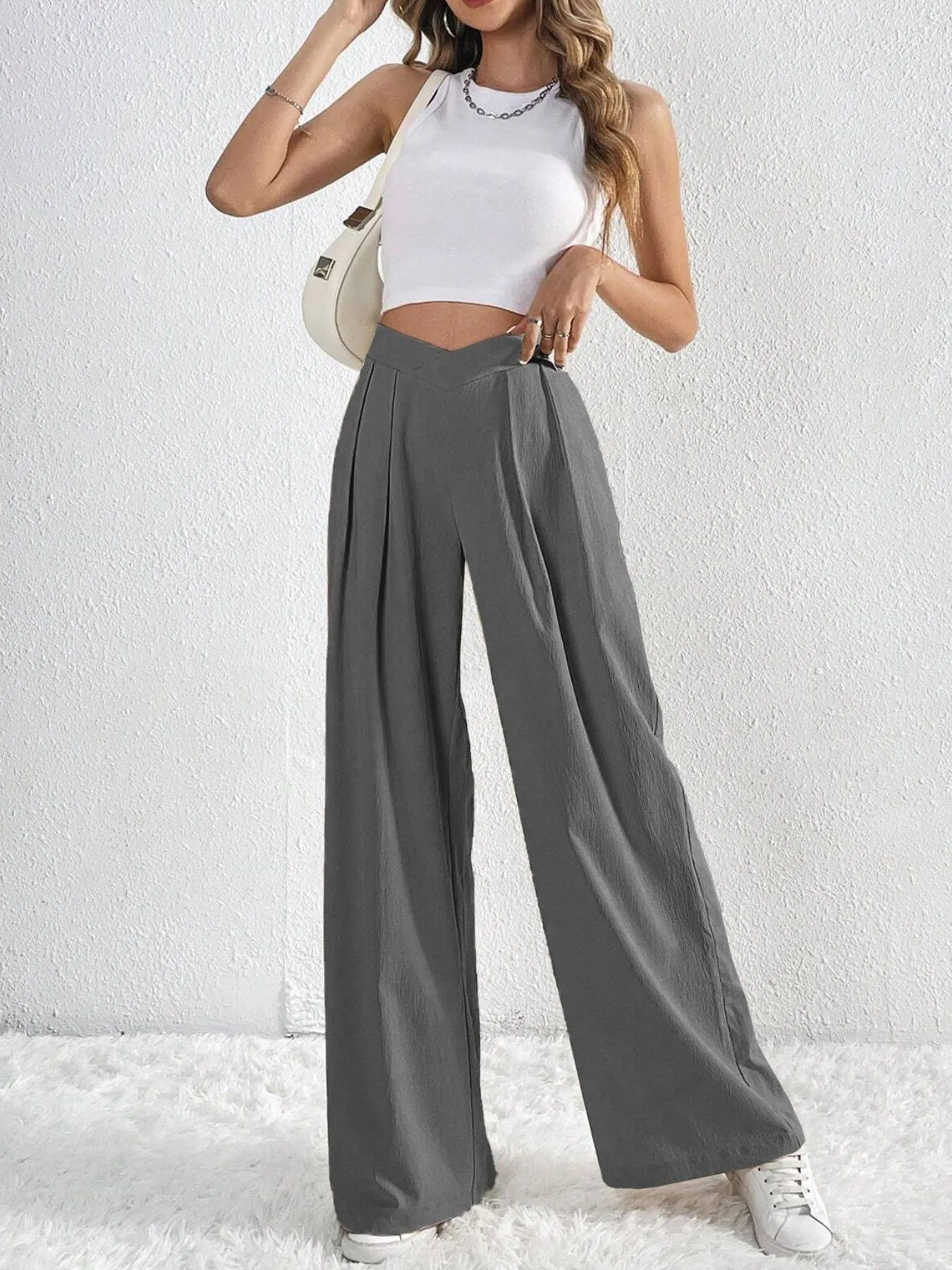 V-Waisted Ruched Front Wide Leg Pants | Trousers Wide Leg Pants from PHUNKYN