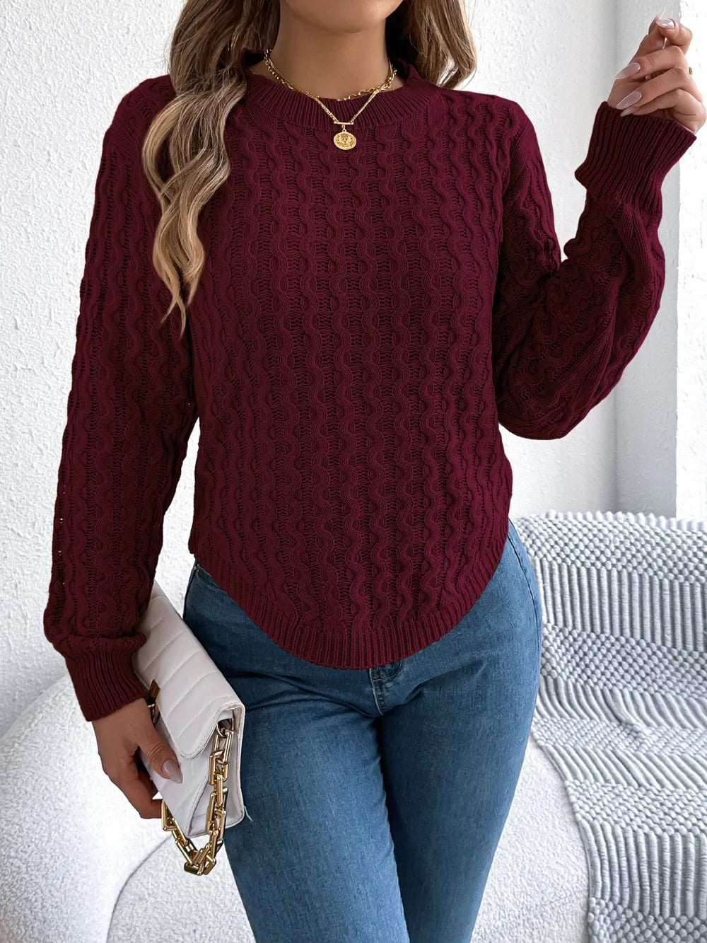 Asymmetric Hem Round Neck Long Sleeve Sweater | Sweaters Sweater from PHUNKYN