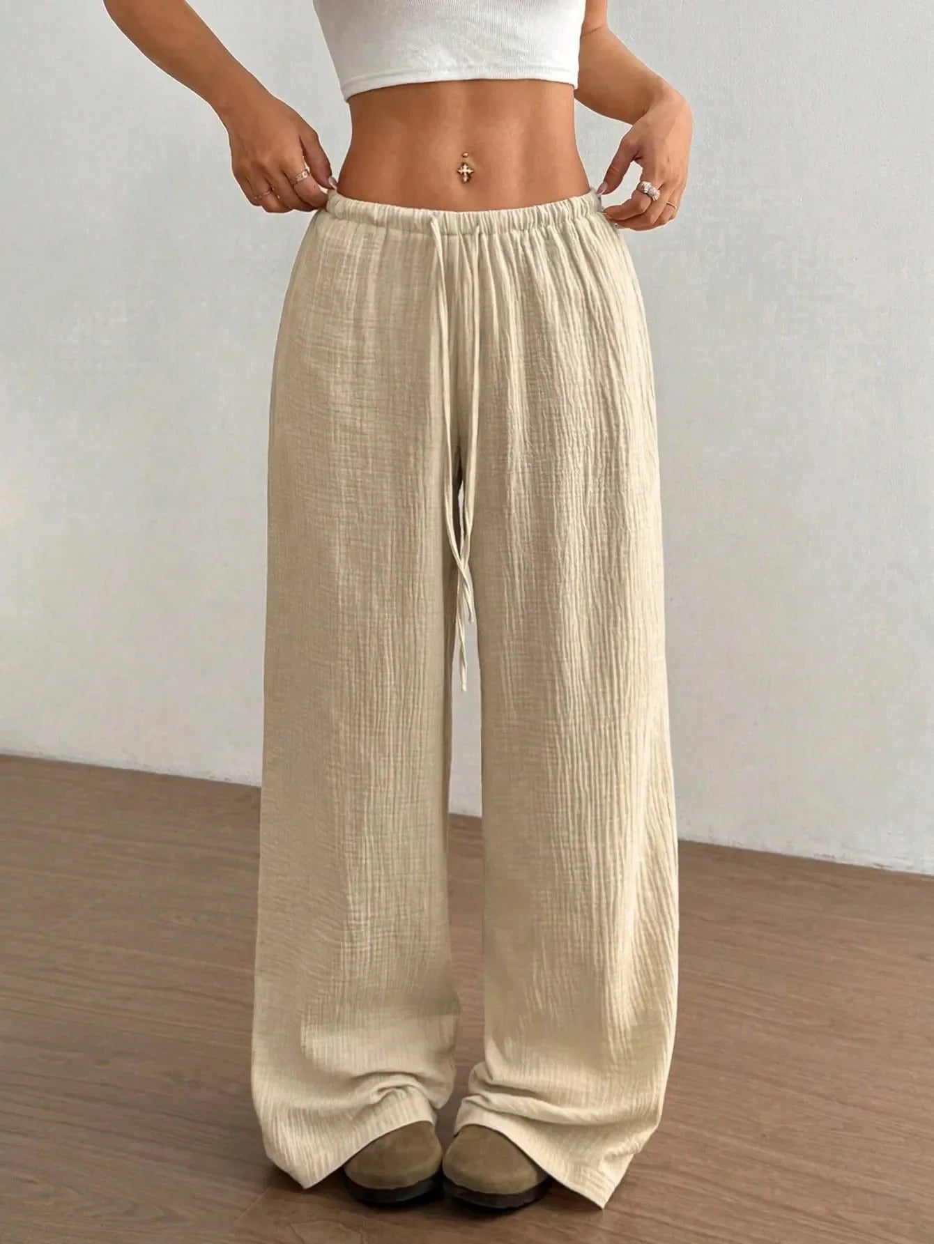 Drawstring Wide-Leg Casual Pants | Trousers Wide Leg Pants from PHUNKYN