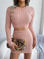 Cable-Knit Round Neck Top and Skirt Sweater Set | Outfit Sets Top and Skirt Set from PHUNKYN