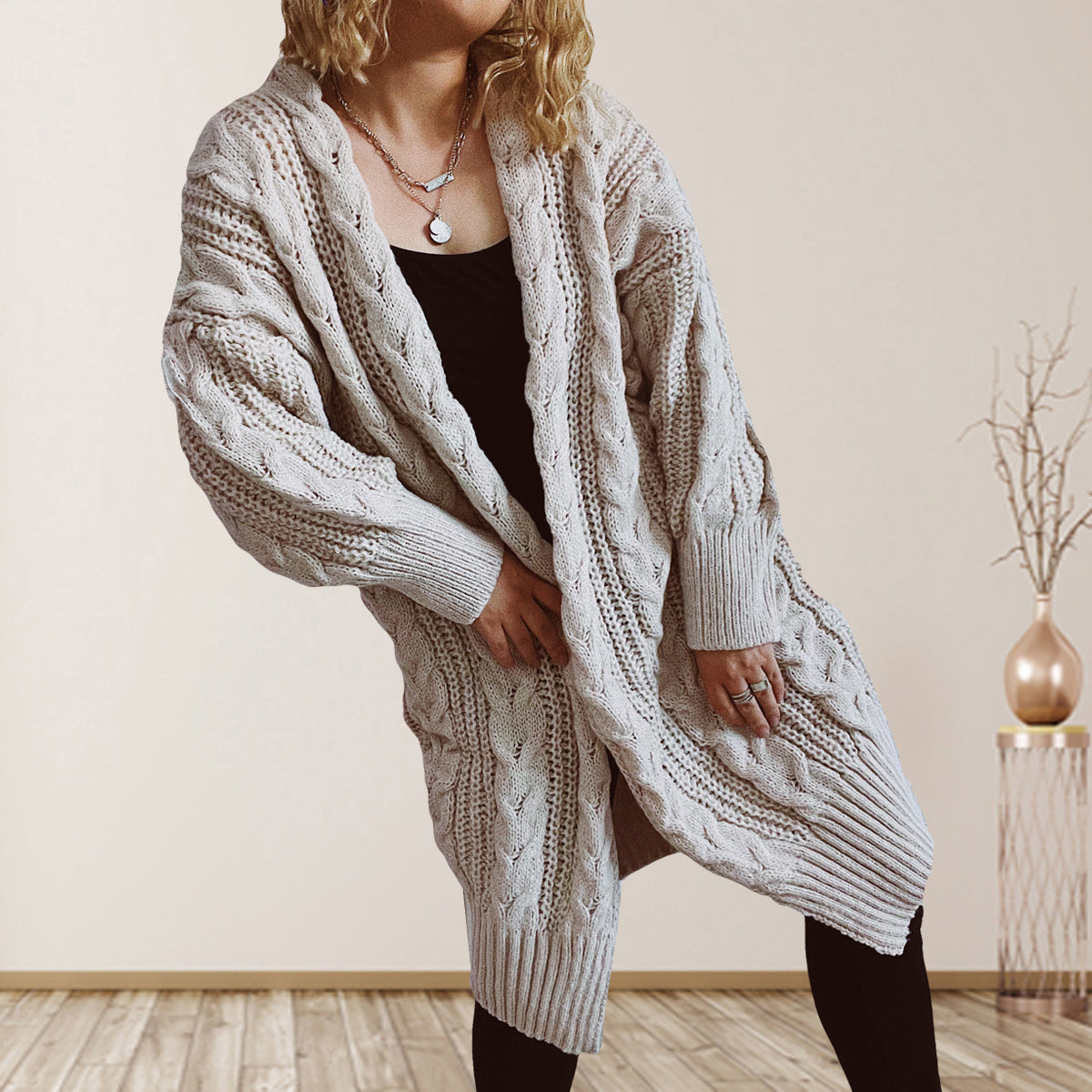 Cable-Knit Open Front Dropped Shoulder Cardigan | Cardigans Cardigan from PHUNKYN