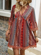 Lace Trim Printed V-Neck 3/4 Sleeve Dress | Dresses Dress from PHUNKYN