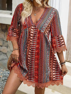 Lace Trim Printed V-Neck 3/4 Sleeve Dress | Dresses Dress from PHUNKYN