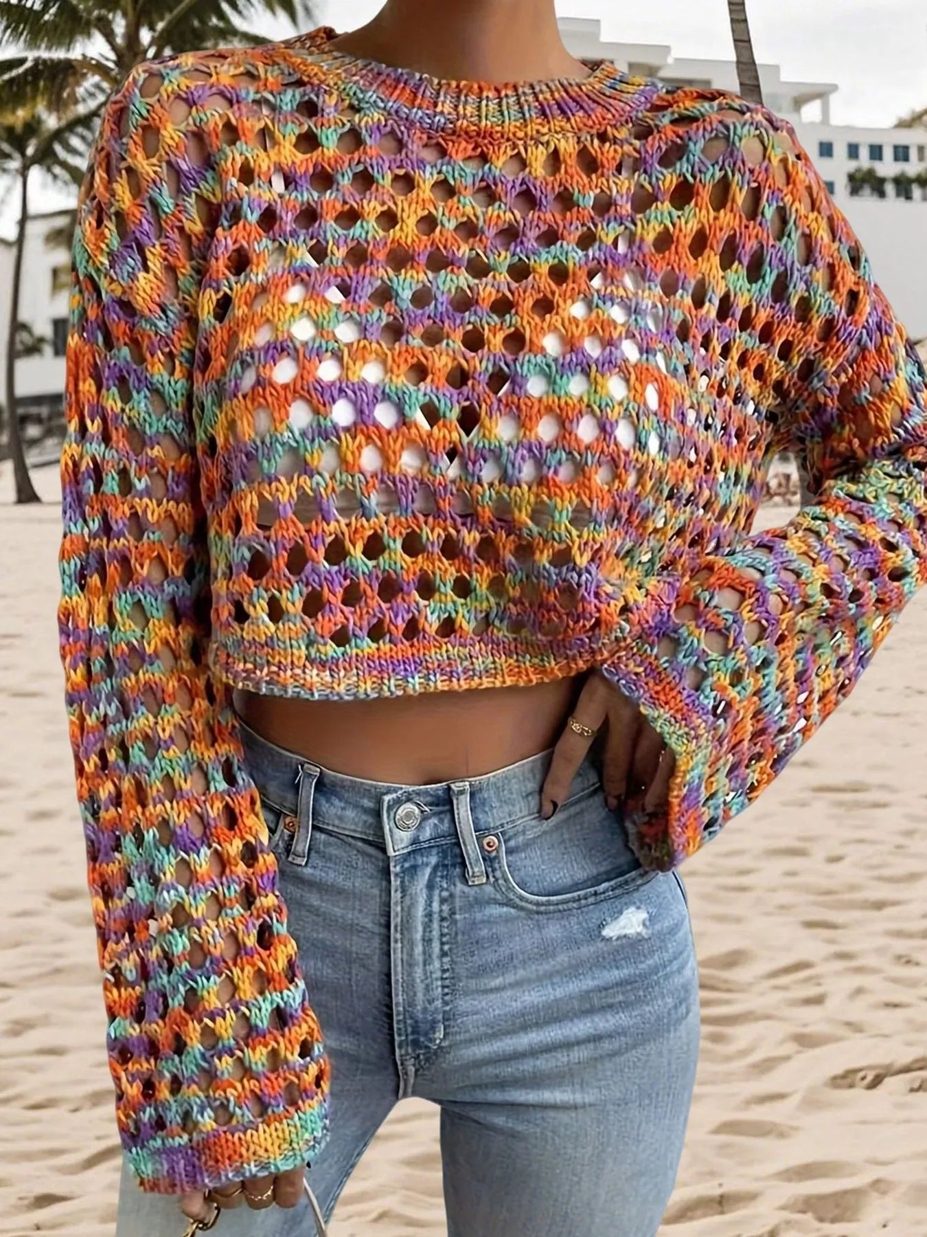 Rainbow Crochet Hollow Out Cropped Sweater | Sweaters Sweater from PHUNKYN