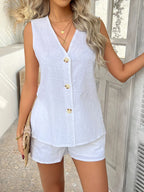 Devine Button Down V-Neck Tank and Shorts Set | Outfit Sets Top and Pants Set from PHUNKYN