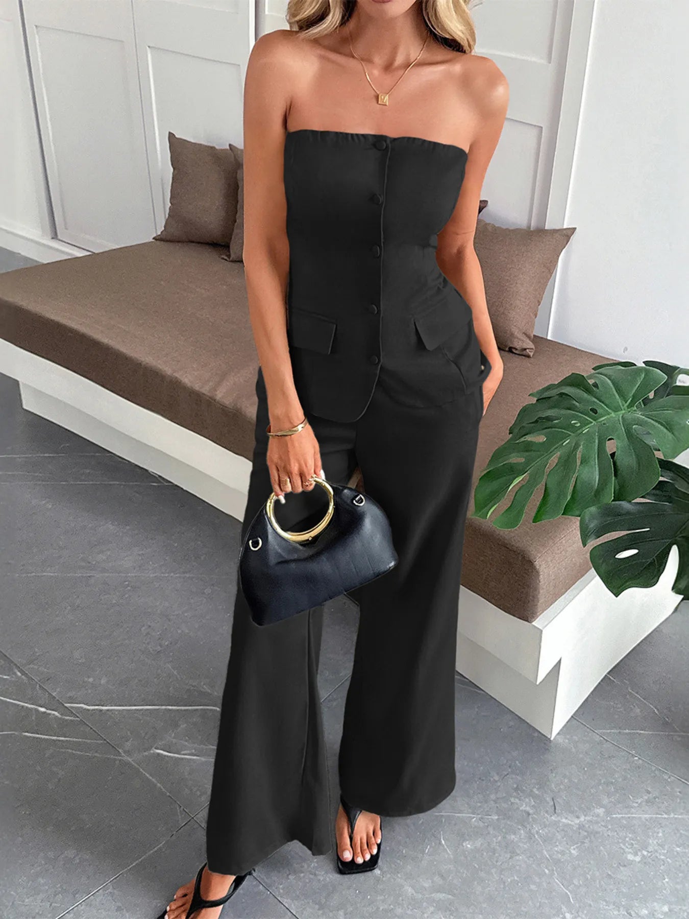 Button Down Tube Top and Pants Set | Outfit Sets Top and Pants Set from PHUNKYN