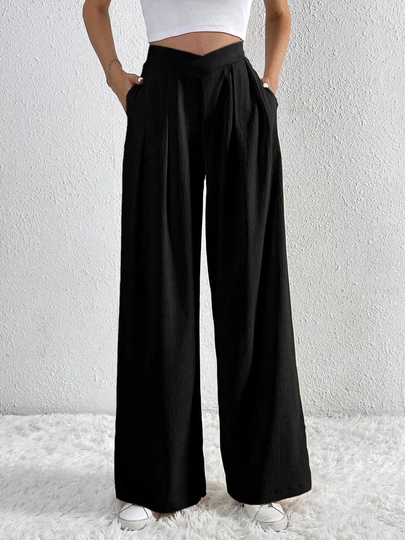 V-Waisted Ruched Front Wide Leg Pants | Trousers Wide Leg Pants from PHUNKYN