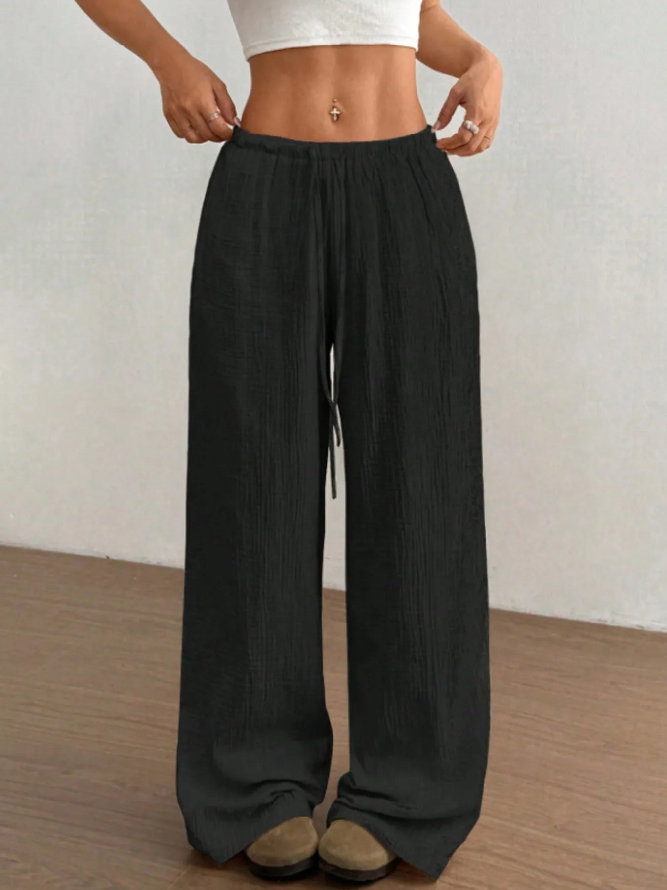 Wide Leg Drawstring Casual Pants | Trousers Wide Leg Pants Set from PHUNKYN