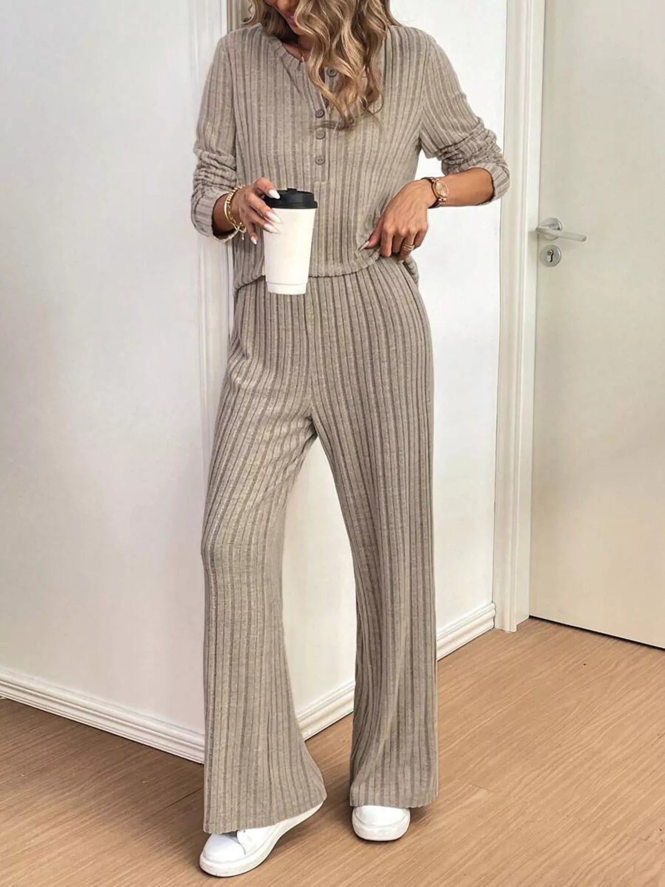 Button Detail Long Sleeve Top and Pants Set | Outfit Sets Top and Pants Set from PHUNKYN