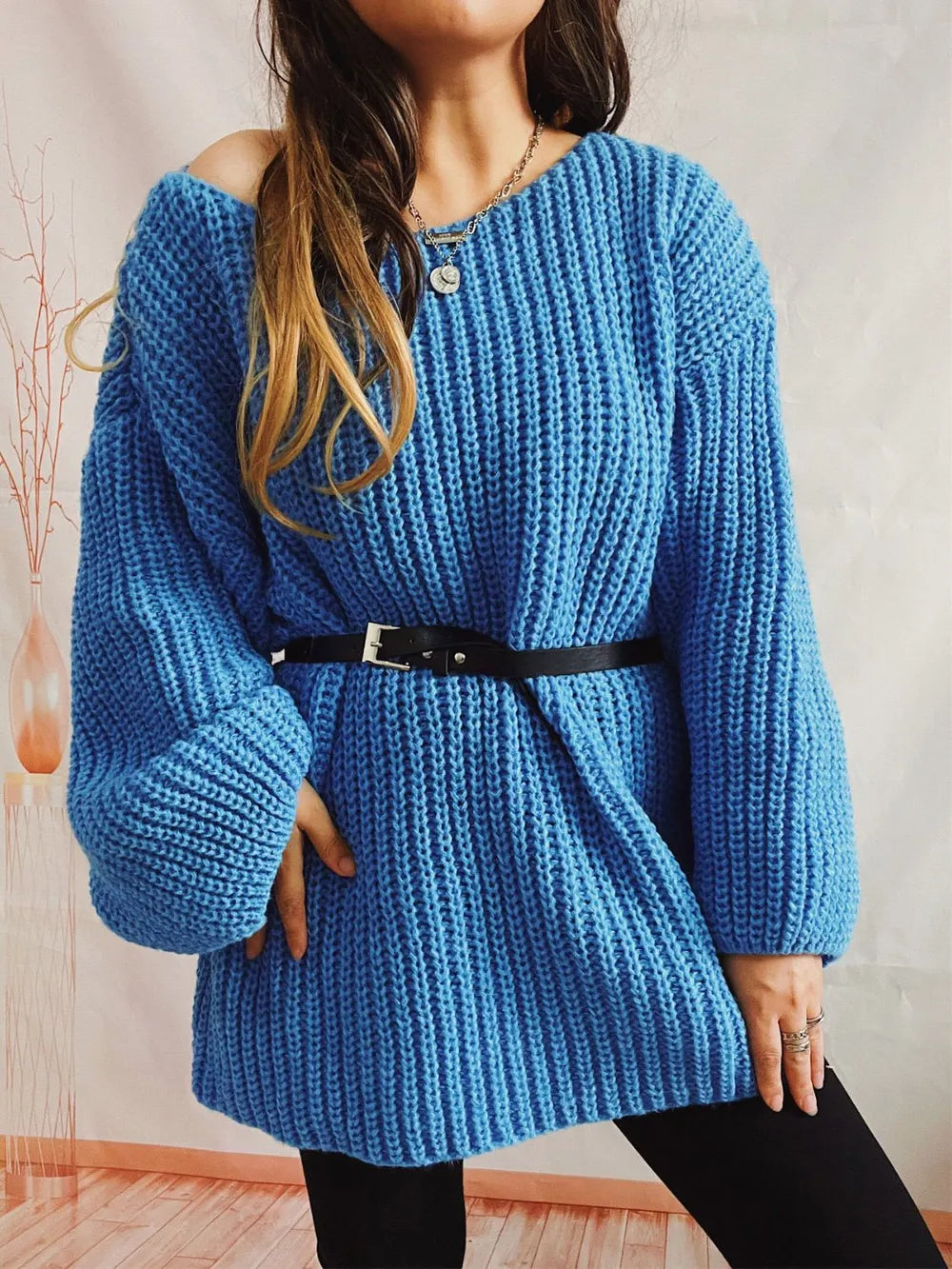 Boat Neck Long Sleeve Sweater with Belt | Sweaters Sweater from PHUNKYN