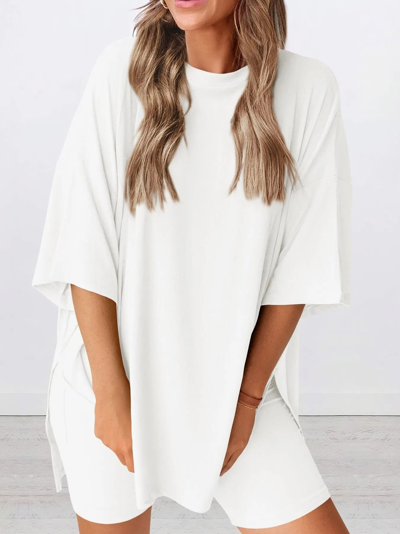 Oversized Slit Round Neck Top and Shorts Lounge Set | Outfit Sets Top and Shorts from PHUNKYN